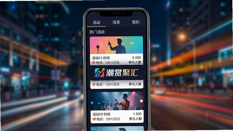 潮赏聚汇 app 功能全景图,展示手机屏幕界面布局,顶部导航栏有“活动”“消息”“我的”三个标签,中间是热门活动卡片列表,包含活动封面、时间、地点、参与人数,背景是城市夜景光影,整体风格扁平化、色彩明快,画质清晰干净,无多余元素,屏幕中央显示“潮赏聚汇”logo和品牌色。