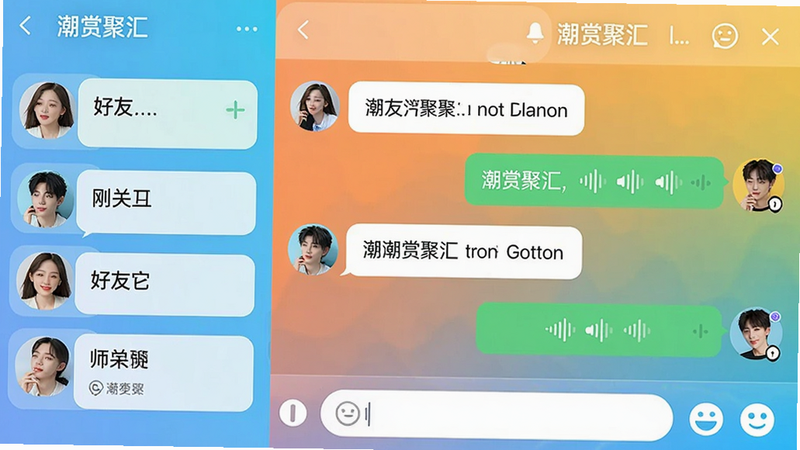潮赏聚汇聊天界面截图,左右两侧分别为好友列表和对话窗口,对话窗口显示文字气泡和语音条,底部有输入框和表情按钮,背景是渐变色,整体风格清新,画质清晰,突出“潮赏聚汇”聊天功能。