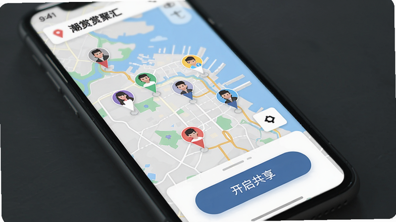 潮赏聚汇地图位置共享功能,手机屏幕显示地图界面,多个彩色头像点分布在不同位置,代表好友实时位置,底部有“开启共享”按钮,地图风格采用简约矢量图,画质干净,突出“潮赏聚汇”定位服务。