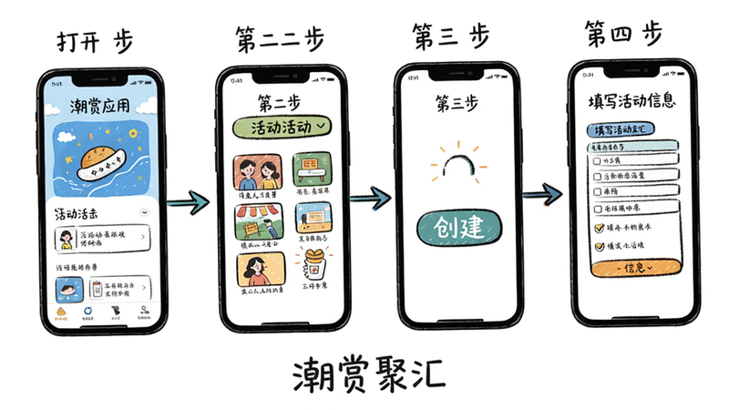 潮赏聚汇使用指南示意图,手机屏幕分步骤展示:第一步打开应用,第二步点击活动标签,第三步点击创建按钮,第四步填写活动信息,采用手绘插画风格,步骤用箭头串联,底部有“潮赏聚汇”品牌标识,画质清晰干净,无多余元素。