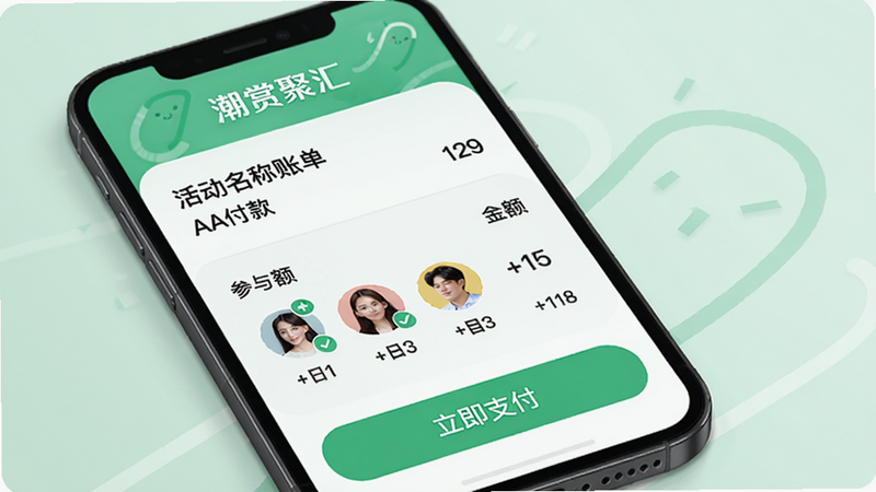潮赏聚汇AA付款界面,手机屏幕显示账单详情,包含活动名称、总金额、参与人头像和各自应付金额,底部有“立即支付”按钮,背景为淡绿色,整体简约,画质清晰,突出“潮赏聚汇”品牌色。