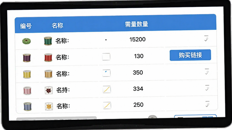 拼豆AI用量统计界面,显示一个表格列出颜色编号、名称、需要数量,右侧有