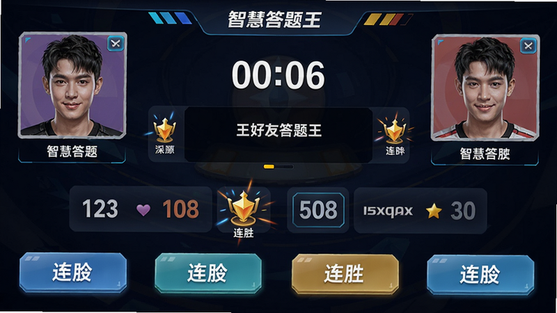 智慧答题王王好友对战界面,左右两侧为两名玩家头像和昵称,中间显示倒计时和题目,下方有四个选项按钮,布局对称,风格动感,细节有比分和连胜特效,画质清晰