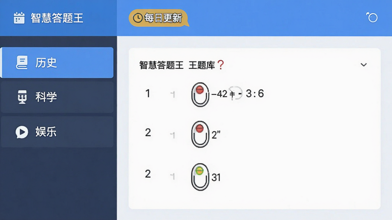 智慧答题王王题库界面预览图,左侧显示分类列表如“历史”“科学”“娱乐”,右侧展示一道选择题样式,顶部有“每日更新”标签,布局为左右分栏,风格清新简洁,细节清晰,画质干净