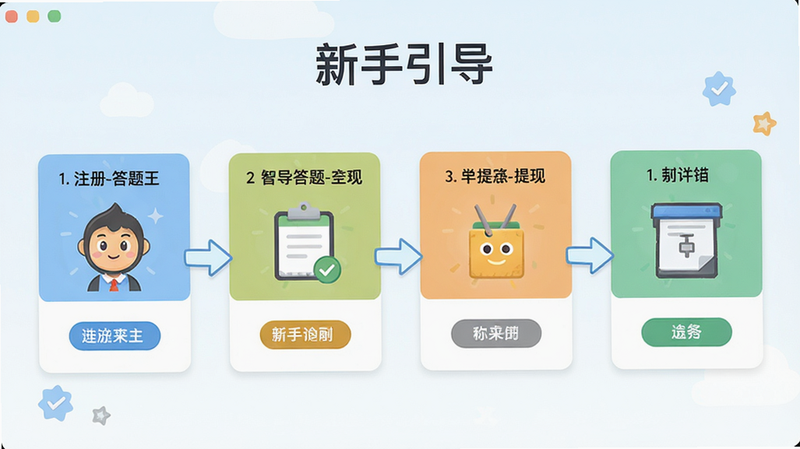 智慧答题王王 新手教程界面截图,顶部为“新手引导”标题,下方分步骤展示“注册-答题-提现”流程,配以箭头指示,布局为横向卡片式,风格扁平清新,画质高清干净