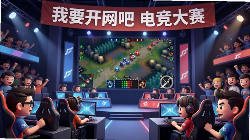 游戏中的电竞赛事场景,大屏幕上显示比赛画面,周围坐满观众,气氛热烈,上方横幅写着