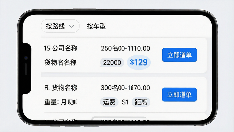 主体:手机屏幕显示智能匹配的货源列表,顶部有筛选条件(如“按路线”“按车型”),列表中有多条货源信息。布局:列表视图,每条货源包含公司名称、货物名称、重量、运费、距离标签。排版:左对齐,信息分两行显示。风格:清晰简洁,蓝色高亮运费数字。细节:每条货源右侧有“立即抢单”按钮。画质:高清,干净,无多余元素。
