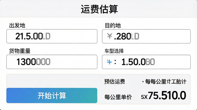 主体:运费计算器功能界面,输入框有“出发地”“目的地”“货物重量”“车型选择”,下方显示计算结果。布局:表单布局,顶部有标题“运费估算”,中间输入区域,底部是“开始计算”按钮和结果区域。风格:简洁实用,数字用大号字体突出。细节:结果区域显示预估运费和每公里单价。画质:高清,干净,无多余元素。
