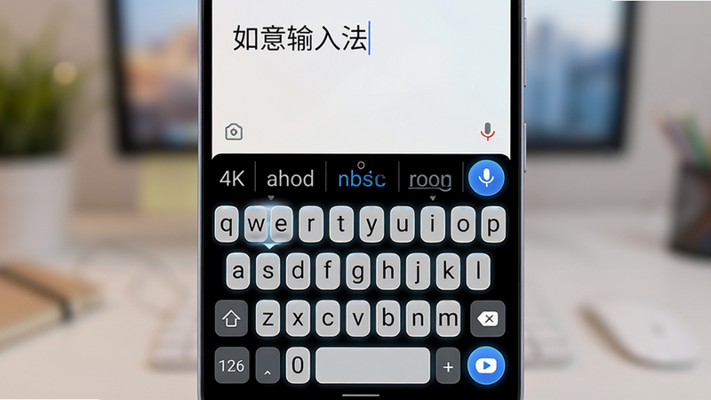 主体:一部安卓手机屏幕打开如意输入法应用界面,显示拼音输入状态,键盘布局简洁清晰,带有语音输入按钮。布局:手机居中,背景虚化,键盘区域占屏幕下半部分,上方显示输入文字