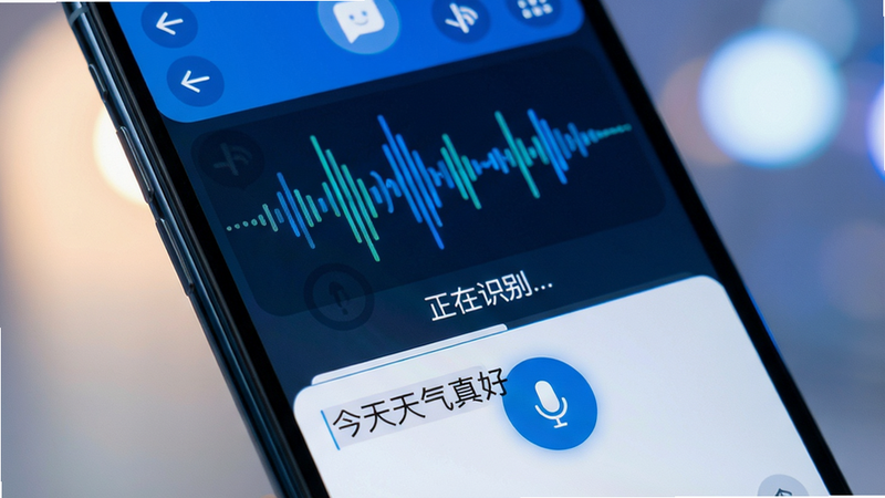 主体:近景拍摄手机屏幕,显示如意输入法语音输入界面,音频波形动画,下面有