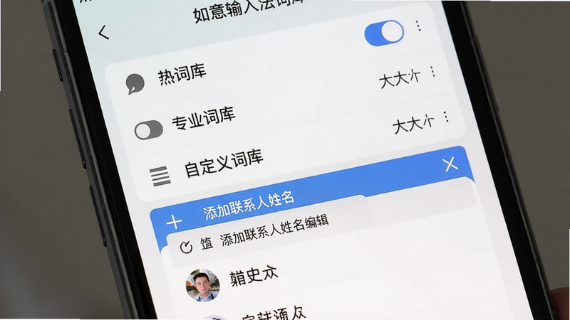 主体:手机屏幕展示如意输入法词库设置页面,有