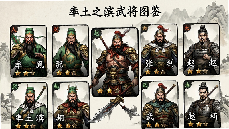 主体:武将卡牌展示界面,中间是关羽、张飞、赵云等知名武将立绘。布局:卡牌呈网格排列,每张卡牌显示头像、名字和星级。风格:精美水墨风立绘,细节丰富。细节:武将服饰纹理、武器质感清晰。画质:精致,背景淡雅。文字:“率土之滨武将图鉴”。