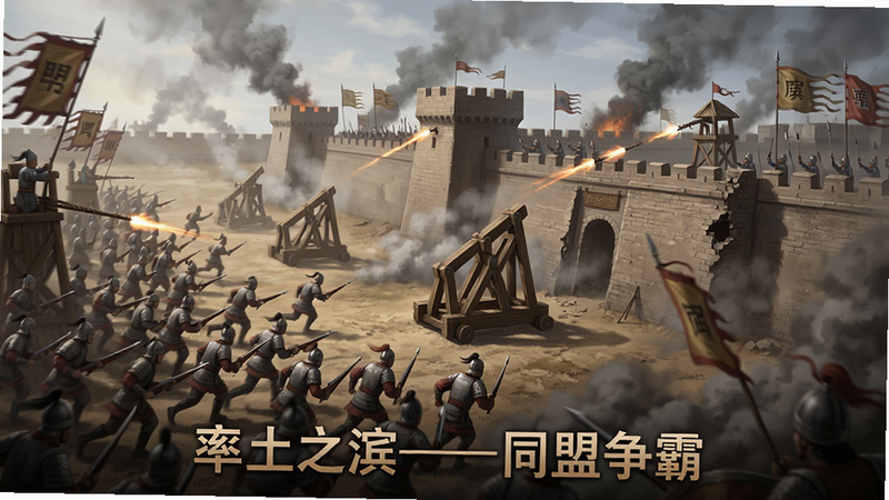 主体:同盟战争场景,多支军队正在攻城,城墙上硝烟弥漫。布局:攻城方从左侧进攻,守城方在城墙上防守,中部有投石车。风格:写实战争画风,动态感强。细节:士兵冲锋、箭塔射击、城墙破损。画质:高画质,光影效果明显。文字:“率土之滨同盟争霸”。