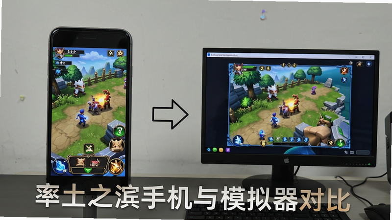 主体:一张手机和电脑模拟器并排的截图,显示游戏界面。布局:左侧手机,右侧模拟器,中间有箭头示意。风格:实物拍摄风格,清晰。细节:手机屏幕上显示游戏主界面,模拟器屏幕显示相同界面。画质:高清,光线均匀。文字:“率土之滨手机与模拟器对比”。