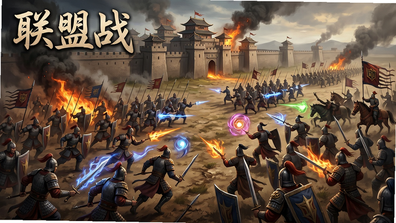 主体:联盟战争场面,大量士兵和武将冲锋;布局:俯视视角,双方军队对垒,中间有城池;排版:画面左上有“联盟战”字样;风格:史诗战争风格,火焰和硝烟;细节:士兵铠甲、特效技能;画质:超清,干净无多余元素。