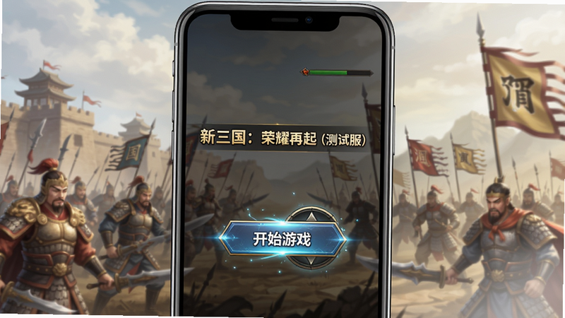 主体:手机屏幕显示游戏登录界面,有“开始游戏”按钮;布局:居中,背景为三国战场;排版:界面简洁,有“新三国:荣耀再起(测试服)”标题;风格:游戏UI;细节:按钮发光;画质:高清,干净无多余元素。
