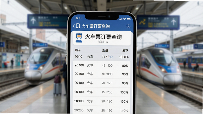 主体为手机屏幕展示“火车票订票查询”应用主界面,中央显示列车时刻表查询结果,背景虚化火车站场景,整体风格现代简洁,突出“火车票订票查询”标识,高质量渲染,干净无多余元素