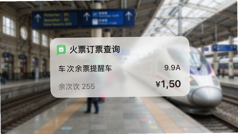 手机通知栏弹出“火车票订票查询”余票提醒,显示车次和余票数量,背景为模糊的火车站,突出提醒信息,现代风格,画质清晰,干净无多余元素