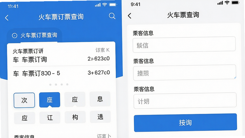 展示“火车票订票查询”应用订票页面,显示车次详情、座位选择、乘客信息输入栏,界面布局整齐,蓝白配色,干净无多余元素