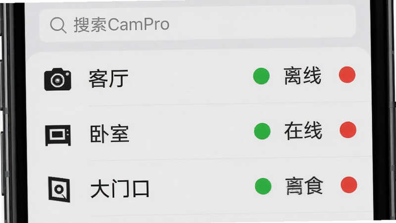 一部手机上CareCamPro设备列表页面,左侧有摄像头图标和中文名称如“客厅”“卧室”“大门口”,右侧显示在线/离线绿色红色状态,顶部搜索框,背景为浅灰色,整体排版整齐,画质细腻,无多余元素。