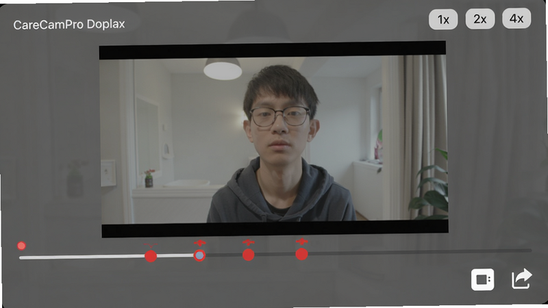 CareCamPro回放界面,中间是视频播放画面,下方有进度条,进度条上标注了几个红色标记点,右上角有“1x”“2x”“4x”倍速按钮,底部有截图和分享图标,整体配色清爽,画质干净,无多余元素。