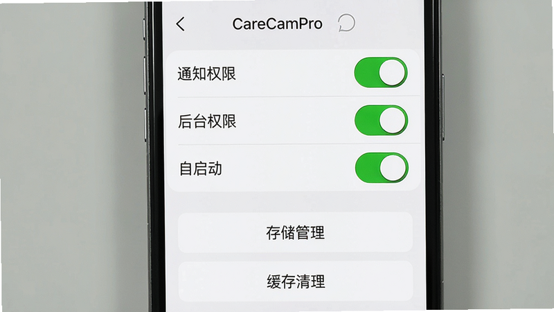 一张手机屏幕显示CareCamPro设置页面,顶部有“通知权限”“后台权限”“自启动”三个开关全部打开状态,下方有“存储管理”“缓存清理”按钮,界面简洁,绿色开关醒目,画质干净,无多余元素。