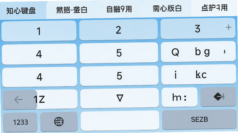 知心键盘主界面,显示九宫格键盘,背景为浅蓝色渐变,按键上有数字和字母,上方有候选词条,整体风格简洁现代,画质高清,干净无多余元素