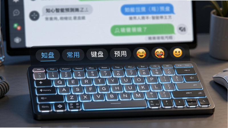 知心键盘智能预测功能,键盘上方显示多个候选词,包括常用词和表情,背景为打字聊天界面,按键带有轻微发光,布局居中,风格科技感,细节清晰,画质细腻