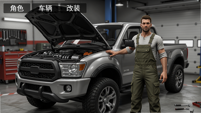 皮卡车(汉化版)游戏角色与车辆展示图,画面中一名司机站在改装的皮卡旁边,穿着工装裤,背景是车库,车辆引擎盖打开,内部零件可见,中文UI显示“角色”“车辆”“改装”标签,写实风格,细节丰富,画质干净。