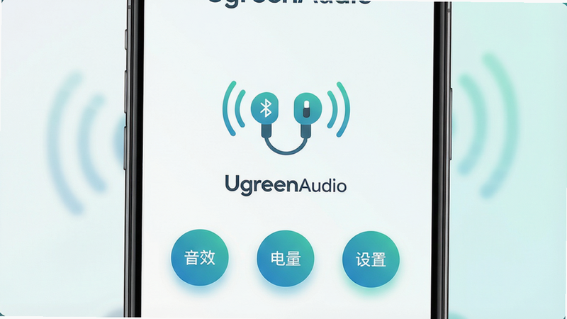 ���壺һ���ֻ���Ļ��ʾUgreenAudio�����棬����Ϊǳɫ���䡣���֣���������չʾ�����ӵ���������ͼ�꣬�·��С���Ч�������������������á�����Բ�ΰ�ť���Ű�������������ִ�����ƽUI����͹�Ӱ����ɫ����������ɫ����ϸ�ڣ�����ͼ������Ӷ�����������ť��΢��Ч�����ʣ�4K���壬�ɾ��޶���Ԫ�أ����ֱ�ע��UgreenAudio����