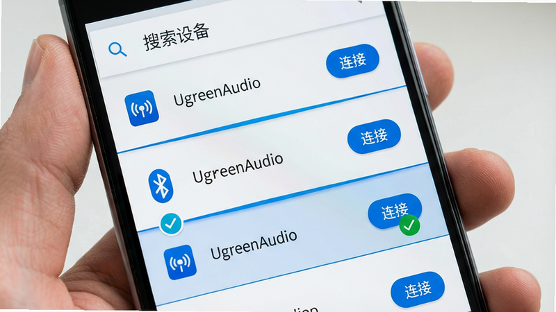 ���壺�ֻ���Ļ��ʾUgreenAudio��Խ��棬�����С������豸���������б����ж�������豸���ơ����֣������б���ÿ����Ŀ������豸ͼ�꣬�Ҳ��С����ӡ���ť�����Material Design��񣬰�ɫ��������ɫ������ϸ�ڣ��б�����н���ɫ�ָ��ߣ���ǰ����豸��ʾ��ɫ�Թ������ʣ������޾�ݣ��ɾ����࣬������ʾ��UgreenAudio����