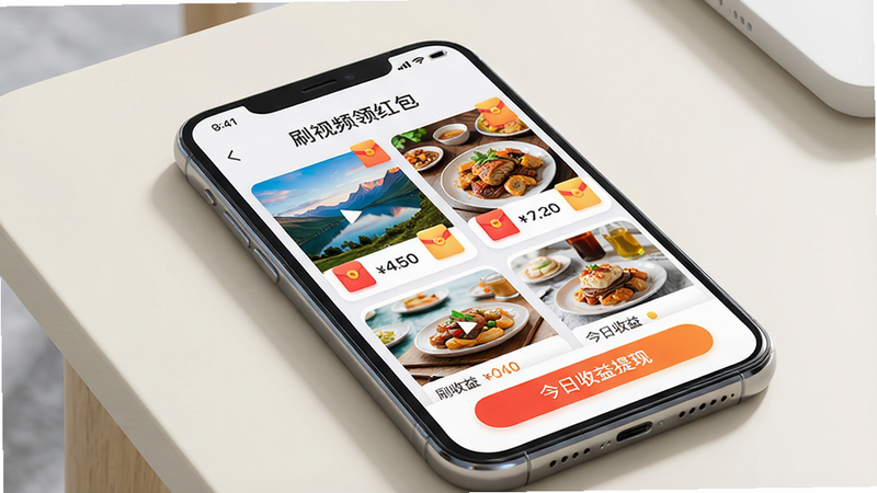 主体:一部智能手机屏幕显示「刷视频领红包」应用主界面,界面中有多个短视频卡片,每个卡片上标注红包图标和金额数字。布局:手机居中,屏幕内容清晰可见,背景为简洁的浅色桌面。排版:手机屏幕内应用界面采用卡片式布局,上方有“刷视频领红包”标题,下方有“今日收益”、“提现”按钮。风格:写实3D渲染,光线明亮,色彩鲜艳。细节:手机边缘高光,屏幕内视频缩略图显示风景或美食类内容,红包图标为金色。画质:4K超清,干净无多余元素。