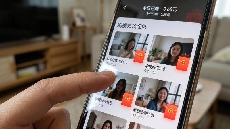 主体:一个人手指滑动手机屏幕,屏幕上显示「刷视频领红包」的短视频列表,每个视频右下角都有一个红包图标正在闪烁。布局:手指在屏幕左侧,手机屏幕占画面主体,背景为模糊的客厅环境。排版:手机屏幕中视频卡片排列成两列,顶部有“今日已赚:0.68元”字样。风格:写实摄影风格,自然光线。细节:手指有轻微指纹,屏幕表面反射环境光,红包图标有发光效果。画质:高清,干净无多余元素。