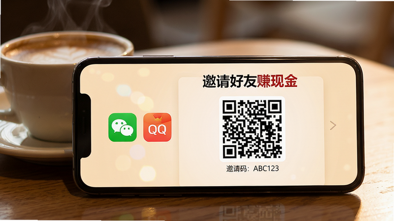 主体:手机屏幕显示「刷视频领红包」的邀请好友页面,中间有一个二维码,下方有“邀请码:ABC123”文字。布局:手机横卧在咖啡杯旁,屏幕内容正对镜头。排版:页面中央醒目位置有“邀请好友赚现金”标题,左边有微信、QQ分享按钮图标。风格:写实生活场景,温暖灯光。细节:咖啡杯中有蒸汽,手机屏幕轻微反光。画质:高清,干净无多余元素。