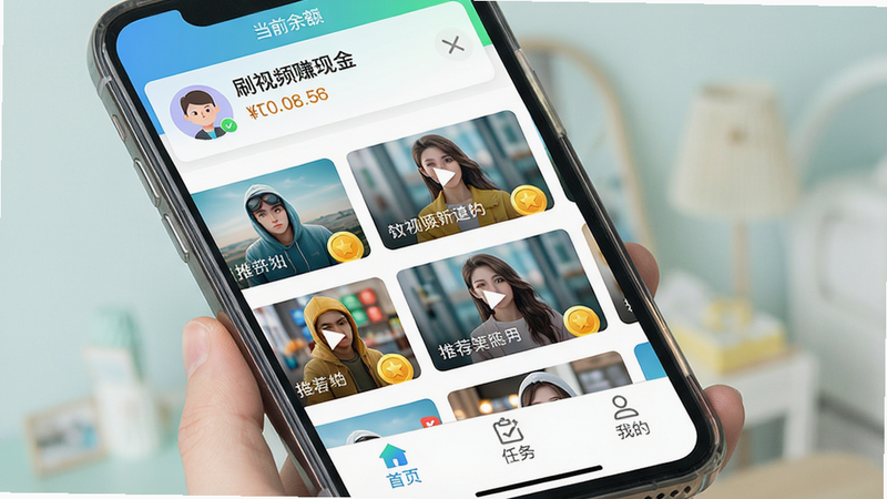 一幅手机屏幕截图,展示“刷视频赚现金”应用主界面,顶部显示用户头像和当前余额,中间是视频推荐列表,每个视频右下角有金币图标,底部导航栏包含“首页”、“任务”、“我的”等按钮。画面风格清新明亮,细节丰富,画质高清,干净无多余元素。