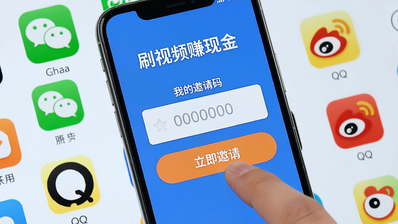 手机屏幕显示“刷视频赚现金”的邀请页面,中央有“我的邀请码”和“立即邀请”两个大按钮,背景散落着微信、QQ、微博等社交图标。一只手指正在点击“立即邀请”,画面色彩明快,布局简洁,细节清晰,画质高。