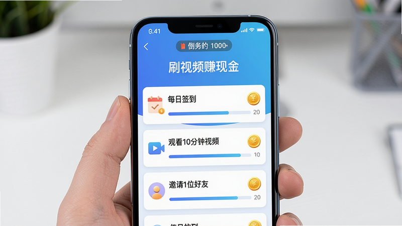 手机屏幕显示“刷视频赚现金”的任务中心界面,列表项包括“每日签到”、“观看10分钟视频”、“邀请1位好友”等,每个任务右侧有金币图标和进度条,顶部有倒计时提示。整体UI采用蓝白渐变配色,画质高清,界面干净无多余元素。