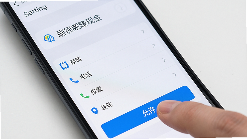 手机屏幕显示“刷视频赚现金”安装时的权限申请界面,列表包含“存储”、“电话”、“位置”等,用户手指正在点击“允许”按钮,背景为系统设置样式,画质高清,界面干净。
