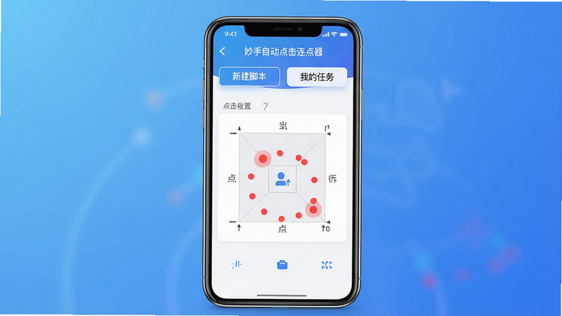 主体:手机屏幕展示“妙手自动点击连点器”的主界面,界面简洁,上方有“新建脚本”“我的任务”等按钮,中间是点击坐标设置示例。布局:中心构图,手机竖屏居中,背景为渐变蓝色。排版:界面元素清晰,文字可辨。风格:科技感扁平化UI,细节:屏幕上有模拟点击的红色圆点轨迹。画质:4K超清,光线柔和,干净无多余元素。