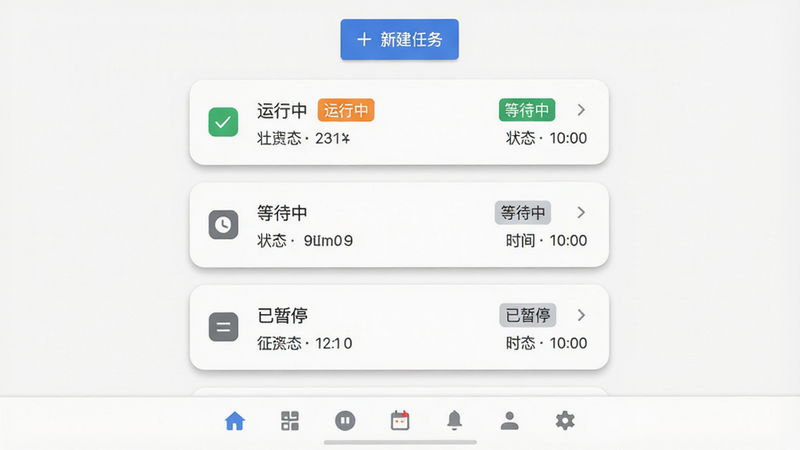 主体:任务管理界面,列表中有三个不同状态的卡片,第一个显示“运行中”、第二个“等待中”、第三个“已暂停”。布局:列表垂直排列,顶部有“+新建任务”按钮,底部有导航栏。排版:每个卡片包含图标、任务名、状态、时间。风格:Material Design风格,细节:卡片带圆角和阴影,状态标签彩色区分。画质:清晰锐利,背景纯白。