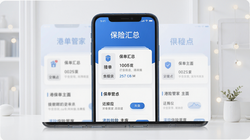 港险管家 主界面 展示保单汇总 软件名称 蓝白配色 现代简洁 高清 干净