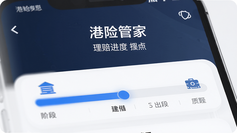 港险管家 理赔进度界面 进度条 阶段图标 蓝色 清晰 无多余元素 干净