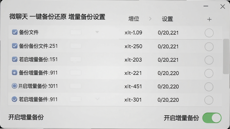 微聊天一键备份还原 增量备份设置界面,列表显示备份文件大小和日期,开关选项'开启增量备份',背景白色,字体清晰,布局整齐。
