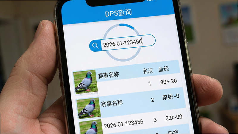 �ֻ���Ļ��ʾDPS��ѯҳ�棬�����С�DPS��ѯ�����⣬�м�һ��Բ�����������������㻷�š�2026-01-123456�����·���ѯ����б�չʾ������Ƭ���������ơ����Ρ�Ѫͳ����ϸ��Ϣ���б��б�������Ϊǳ���Ͱ�ɫ�����岼�����룬����������