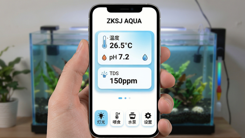 ZKSJ AQUA ����ˮ����������������棬�ֻ�����չʾ��������ʾ��ZKSJ AQUA�����⣬�м�Ϊˮ����ʵʱ������Ƭ���¶�26.5��C��pH 7.2��TDS 150ppm���ײ��ĸ����ܰ�ť���ƹ⡢ιʳ��ˮ�á����á������ɫ��������ǳ�����䣬��ƬԲ����Ӱ����������������ϸ�ڣ��ɾ��޶���Ԫ�ء�