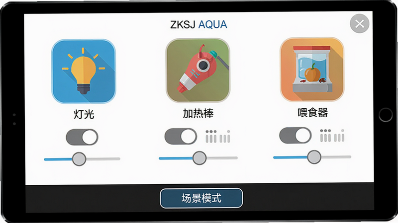 ZKSJ AQUA �豸���ƽ��棬ҳ���г������豸ͼ�꣺�ƹ⡢���Ȱ���ιʳ����ÿ��ͼ���·��п��غ͵�λ���������������ף�ͼ���ƽ����ɫ��ƣ������������У��ײ��̶�����ʾ������ģʽ����ť���������������ʸɾ���