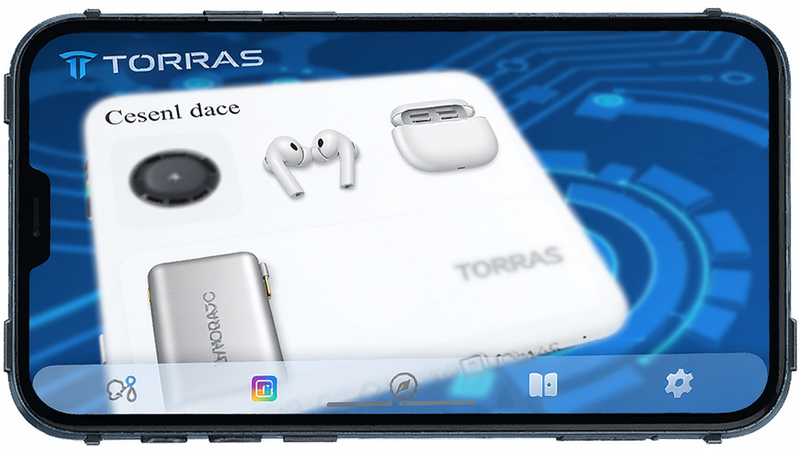 TORRAS APP主界面预览图,智能手机屏幕显示TORRAS应用主界面,顶部有品牌logo“TORRAS”,中部显示已连接设备列表(充电宝、耳机等),底部导航栏,蓝色科技风格,UI设计简洁清晰,高清画质,干净无多余元素。