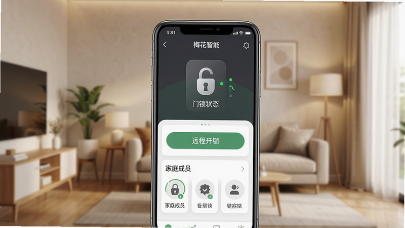 主体为一部智能手机屏幕显示梅花智能App主界面,界面包含门锁状态、远程开锁按钮、家庭成员列表等元素,背景为温馨家居环境,布局居中,排版清晰,风格现代简约,细节展示锁具图标和状态指示灯,画质高清,干净无多余元素,文字标注“梅花智能”App名称。