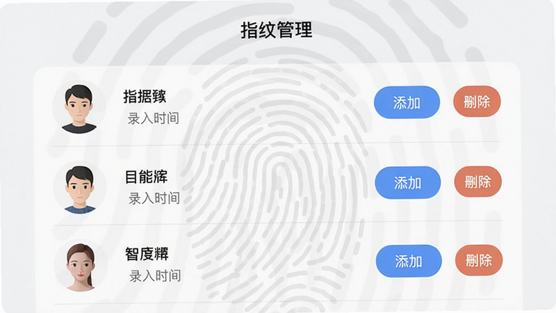 梅花智能App指纹管理界面,显示已添加的指纹列表,每个指纹有昵称和录入时间,背景有指纹图形,布局列表式,风格扁平化,细节有添加按钮和删除按钮,画质干净,文字标注“指纹管理”,无多余元素。