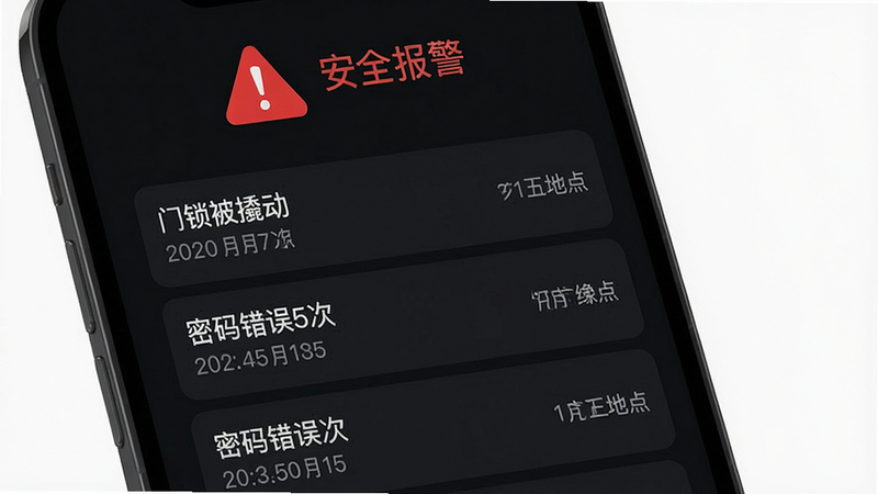 梅花智能App报警通知界面,顶部显示红色警告图标,下方列出多条报警记录,如“门锁被撬动”、“密码错误5次”等,背景暗色,布局列表,风格警示性,细节有时间和地点信息,画质清晰,文字标注“安全报警”,干净无多余元素。